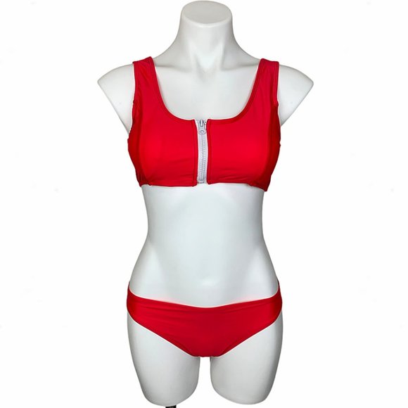 Red & White Scoop Neck Zip-Front Crop Top Bikini - Picture 10 of 15
